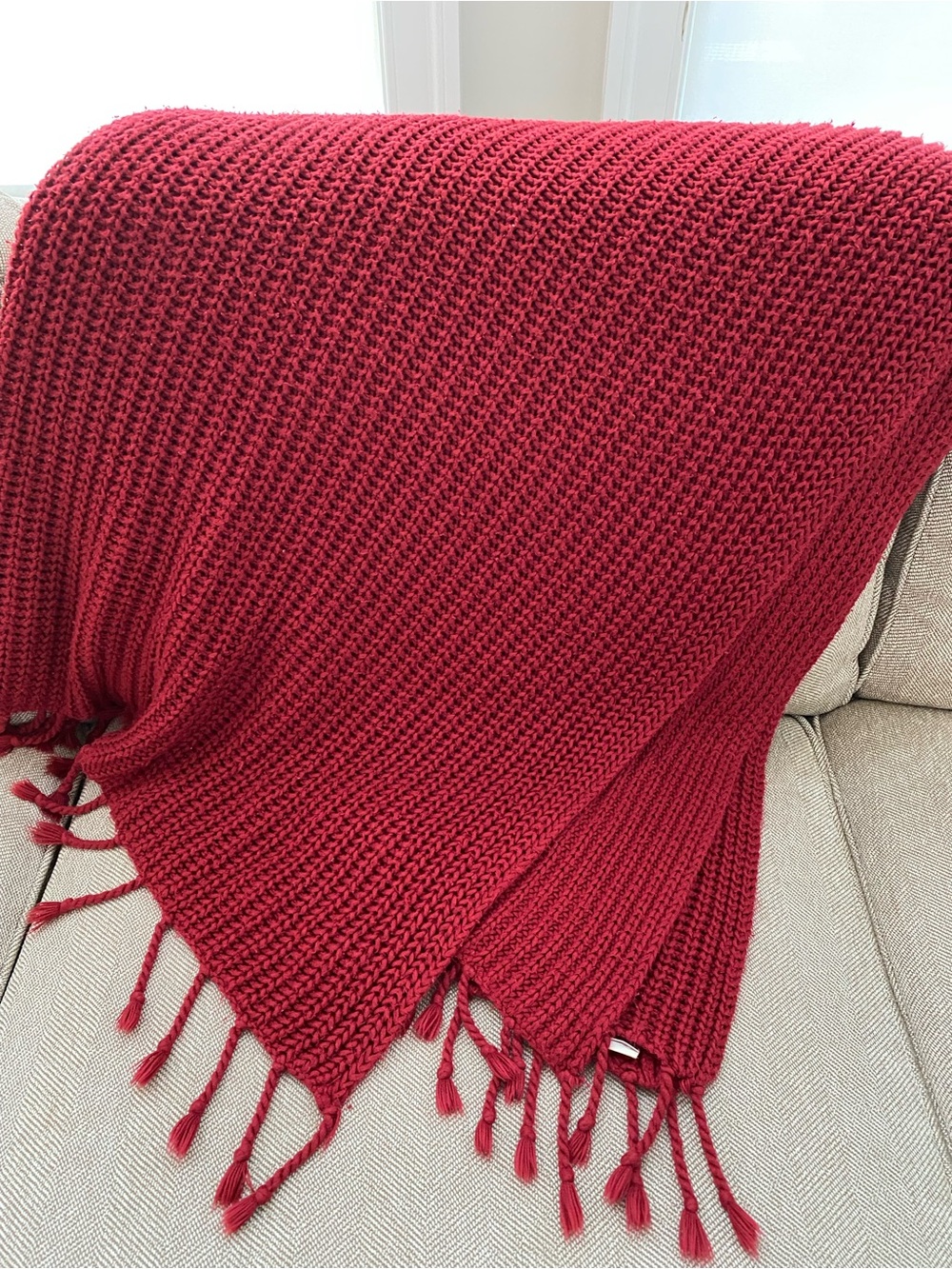 Pottery Barn Red Waffle Knit Throw Blanket with Fringe 50”x60”